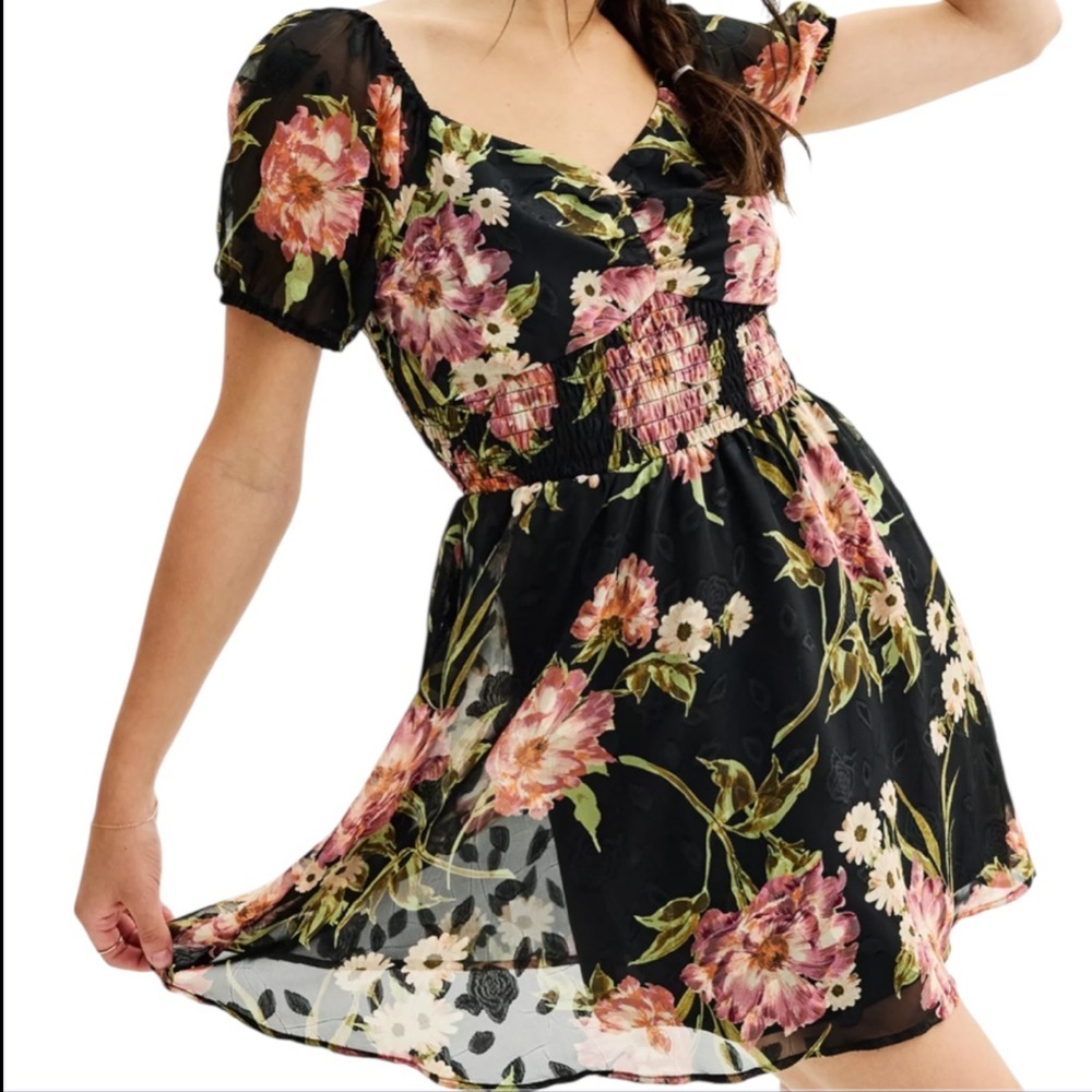 Floral Black Puff-Sleeve Feminine Milkmaid Mini Dress